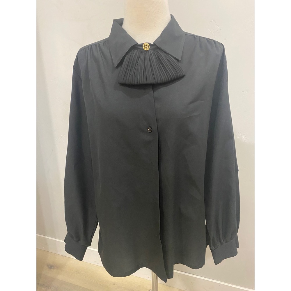 Vintage 70s 80s Black Pleated Bib Blouse Gold Button Accent Long Sleeve Top